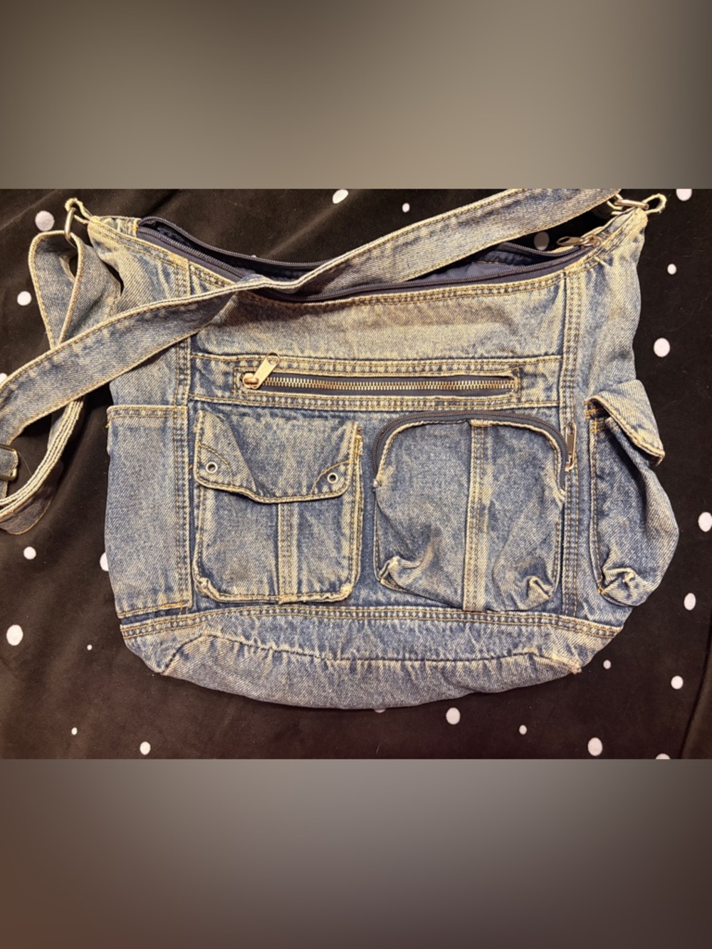 Denim Multi-Pocket Crossbody Tote Bag